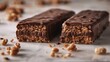 © Intelligent Horizons - Close up view of a protein granola bar broken in half exposing the delicious interior texture and ingredients  The tempting snack offers a balance of nutrition and indulgence perfect for a healthy