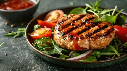 A delicious and healthy grilled turkey burger served with a fresh green salad on a rustic ceramic plate  The meal showcases the perfect balance of protein vegetables