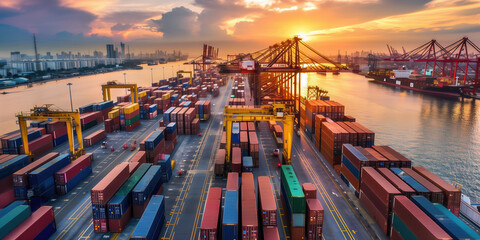 A cargo port or terminal with cranes loading shipping containers onto cargo ships