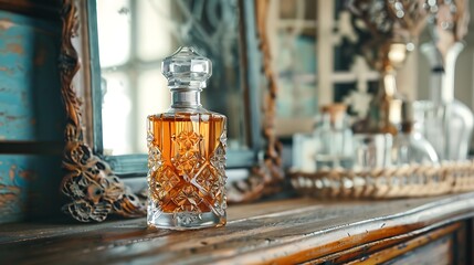 Wall Mural - Old perfume bottle in front of mirror