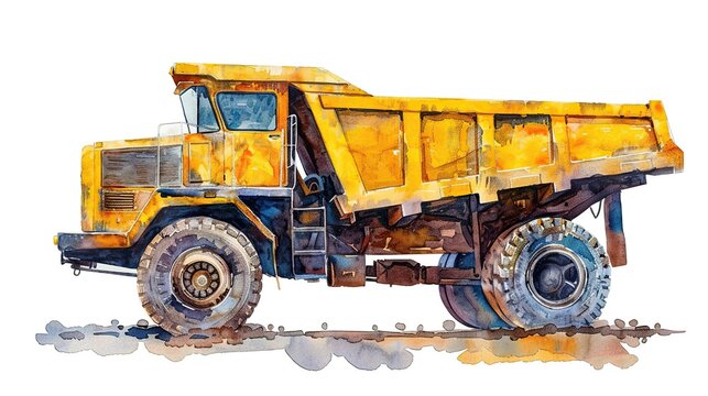 Watercolor painting of yellow dump truck isolated on white background