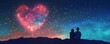 © peerasak - A couple is sitting on a hillside, looking up at a heart-shaped sky. The sky is filled with stars and the couple is surrounded by a beautiful, romantic atmosphere