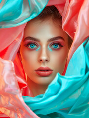 Wall Mural - A woman with blue eyes and red lips is the main focus of the image. She is wearing a pink and blue scarf that covers her face and neck