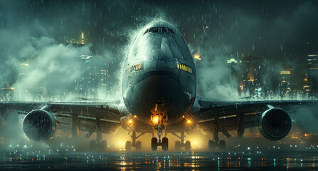 Wall Mural - A large jet is seen in the rain, with its landing gear down. The image has a moody and dramatic feel, as if the plane is struggling to land in the storm