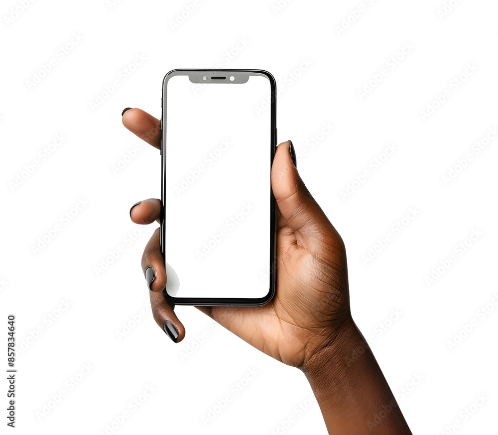 Hand holding a smartphone with a blank screen isolated on transparency ...