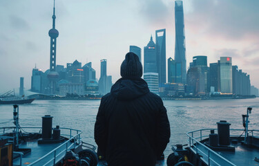 Wall Mural - A man in a black jacket stands on a boat looking out at the city skyline. The sky is cloudy and the water is calm. The man is enjoying the view and taking in the scenery