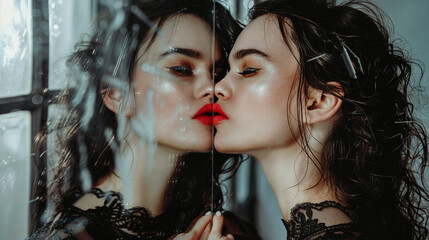 Wall Mural - A young woman kisses her own reflection in the mirror. Sensitive image in fashion editorial style. Love for yourself