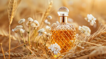 Wall Mural - Perfume bottle and flowers on wheat background