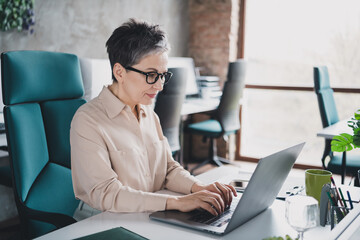 Photo of smiling positive mature lady specialist formalwear working modern gadget indoors workplace workstation loft