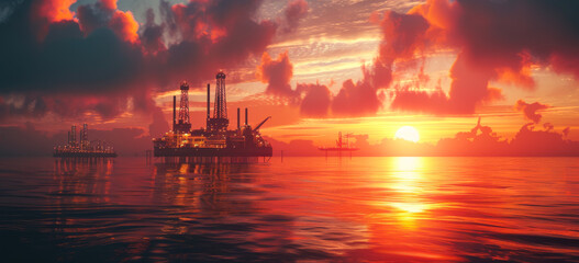 Wall Mural - A sunset over the ocean with a large oil rig in the foreground. The sky is filled with clouds and the sun is setting