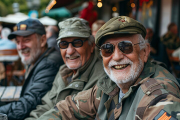 Cheerful group of military veterans celebrating remembrance and independence day in an outdoor cafe on a sunny day.