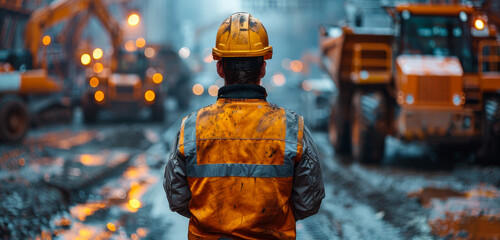 Wall Mural - A man in a yellow vest stands in front of a construction site. The scene is dark and muddy, with a lot of machinery and equipment around.