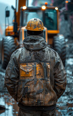 Wall Mural - A man in a dirty jacket stands in front of a large yellow truck. The scene is muddy and dirty, with the man standing in the mud