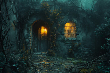 Wall Mural - A creepy old house with a dark and eerie atmosphere. The front door is open and the inside is dimly lit