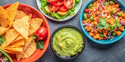 Wall Mural -  A vibrant assortment of Mexican-inspired dishes and snacks laid out on a dark surface. The spread includes nachos, guacamole, salsa, fresh vegetables, cheese sticks, and various dips.