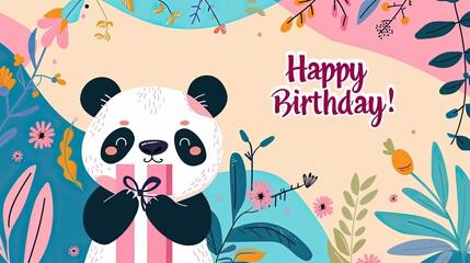 Wall Mural - Cute animal holding Happy Birthday caption in colorful CGI setting