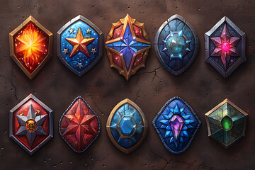 Game ranking badges with shields and swords. Achievement icons with knight or warrior arms, wooden, metal and gold shields with pennants and wings isolated on background, vector cartoon illustration