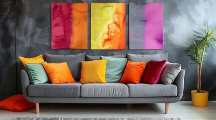 Wall Mural - Cozy living room with a grey sofa and colorful cushions.