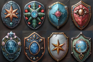 Wall Mural - Game ranking badges with shields and swords. Achievement icons with knight or warrior arms, wooden, metal and gold shields with pennants and wings isolated on background, vector cartoon illustration