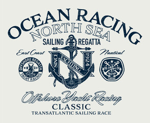 Wall Mural - North Sea yacht racing sailing regatta vintage vector print for marine wear t shirt grunge effect in separate layer