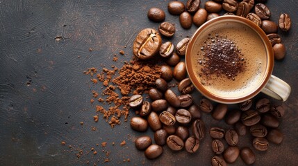 Coffee Cup with Roasted Beans and Ground Coffee