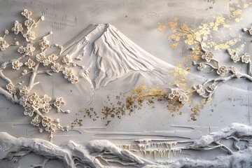 Sticker - Detailed stucco of a majestic Mount Fuji in the background, with a foreground of blossoming sakura trees and a flowing river.