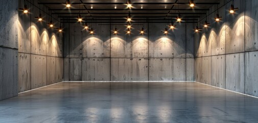 Poster - The empty concrete room with ceiling lights serves as an interior background, offering a clean and versatile space for showcasing different design elements and concepts.