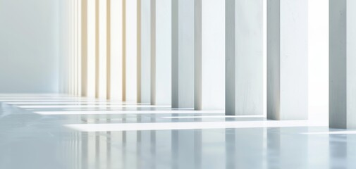 Poster - A 3D rendering of a modern abstract background features a white wall with light lines in the center, representing a minimalist interior design concept suitable for exhibitions and art displays.