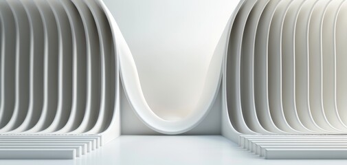 Poster - The 3D rendering of a modern abstract background, featuring a white wall with light lines in the center, illustrates a minimalist interior design concept perfect for exhibition spaces.