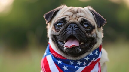 Canvas Print - Festive Pug in 4th of July Bandana: A happy pug wearing a 4th of July bandana, with space for copy.