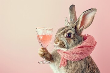 Wall Mural - Glamorous Rabbit: An elegant rabbit wearing a tiara and a designer scarf, holding a cocktail glass with its paw