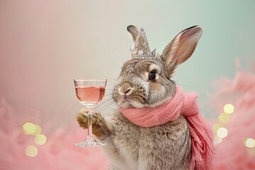 Glamorous Rabbit: An elegant rabbit wearing a tiara and a designer scarf, holding a cocktail glass with its paw