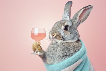 Wall Mural - Glamorous Rabbit: An elegant rabbit wearing a tiara and a designer scarf, holding a cocktail glass with its paw