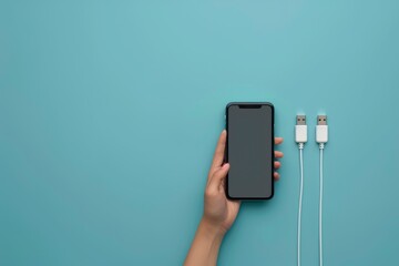  A hand grabs a black smartphone on a light blue background with three white charger cables on the right side of the screen,