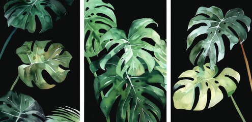 An abstract poster set with monstera leaves, a modern concept art piece