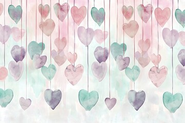 Canvas Print - Pastel Hearts Hanging in Watercolor Pattern: A sweet watercolor pattern featuring hanging hearts in pastel shades of blush pink