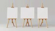 © Bundi - The wooden easel with white canvas and a triangle view is isolated on a transparent background, showing a blank board for drawing on a tripod, with a wooden stand for paintings.