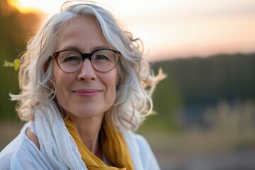 Wall Mural - A woman with glasses and a scarf is smiling. She looks happy and content. The scarf is yellow and white, and it adds a pop of color to her outfit