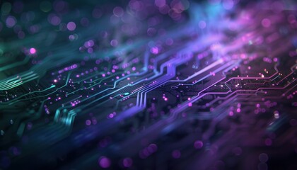 Wall Mural - Close-up view of a vibrant and futuristic circuit board with purple and blue neon lights, representing advanced technology and innovation.