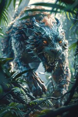 Wall Mural - Feral Bio-engineered Beast-Warrior Prowling Through Bioluminescent Forest