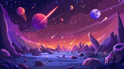 Wall Mural - A galaxy background with planets, stars and meteors in outer space. Landscape of an alien planet or moon with craters and comets flying in the night clouds. Illustration in modern format.