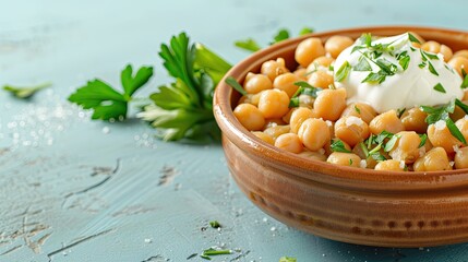 Wall Mural - A close-up of a bowl of creamy chickpea and rice soup topped with parsley and served with a side of chickpeas