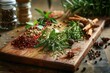 © Anat art - A rustic wooden cutting board is adorned with a variety of fresh and dried herbs and spices, including rosemary, thyme, basil, cinnamon sticks, star anise, and peppercorns. Generative AI