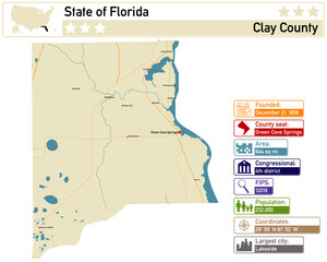  Detailed infographic and map of Clay County in Florida USA.