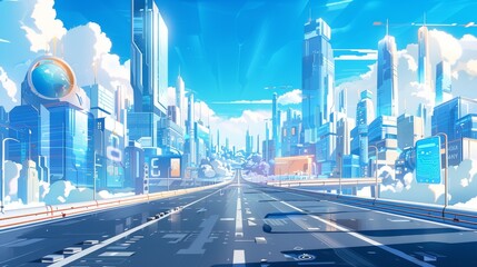 Wall Mural - Cartoon modern landscape of an empty highway with streetlights, blue sky with clouds and a futuristic city with fantastic multistorey buildings.