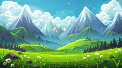 Wall Mural - An outdoor summer scene with green grass, bushes, and trees on a meadow at the foot of high mountains. Cartoon panoramic image with grassland near hills, a cloudy blue sky, and a brown field.