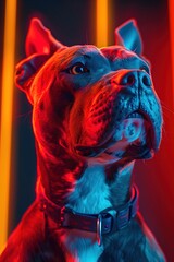 Poster - Powerful Pit Bull Terrier in Neon-Lit Street with Cinematic Bokeh Background