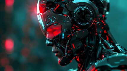 A close-up of a female cyborg's face. She has red glowing eyes and a metallic mask.