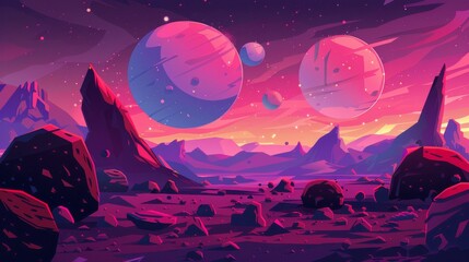 Wall Mural - Planet landscape with rocky surface and lake. Modern cartoon illustration. Pink and purple space background, stars shimmering in the sky, water puddles and stones in the Martian desert.