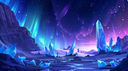 Wall Mural - An alien planet landscape in the night with a starry sky in the background. Outer cosmic and extraterrestrial wallpaper with mountains and glistening stars. Blue fantastic universe wallpaper.